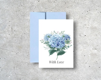 Blue Hydrangea With Love Card, A2 Size Floral Thinking of You Greeting Card, Blank Inside Card With Envelope