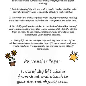 May include: A white instructional card titled Transfer Paper Instructions with black text detailing four steps for applying stickers with transfer tape, followed by a section titled No Transfer Paper with one step. Includes colorful icons of bunting, flowers, and a star.