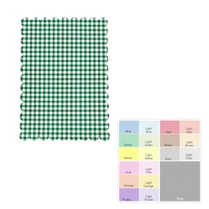 May include: A green and white gingham fabric swatch with a scalloped edge. A color palette chart displays various color swatches, including blue, green, yellow, pink, orange, and purple, with corresponding light shades and gray tones.
