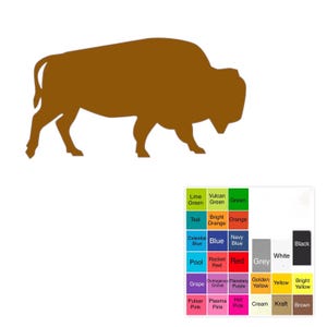 May include: A brown bison silhouette against a white background. A color palette with various color swatches is in the lower right corner, including shades of green, blue, red, purple, and pink.