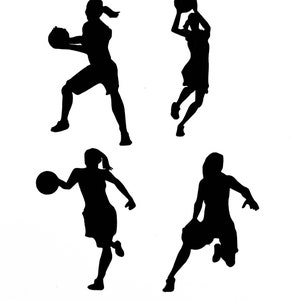 May include: Four black silhouettes of basketball players in different poses on a white background.