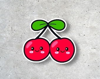 Smiling Cherry Sticker, Kawaii Fruit Vinyl Decal, Laptop Water Bottle Art