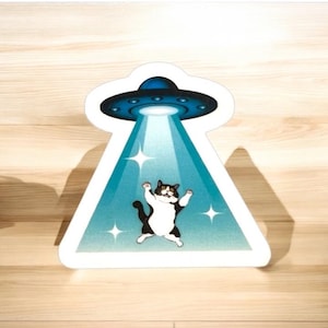 Cat Abducted by UFO Sticker | Funny Alien Cat Vinyl Decal | Space Cat Aesthetic | Holographic Laptop Cup Tumbler Sticker