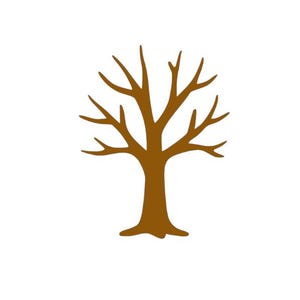 May include: A brown silhouette of a leafless tree with a thick trunk and multiple bare branches extending outward. The tree shape is solid and flat, featuring a symmetrical arrangement of limbs that taper into points, creating a stark outline.
