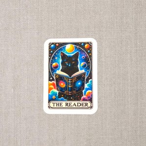 Cat Tarot Card Sticker – The Reader – Cute Mystical Kitty Reading Sticker for Book Lovers, Cat Moms, Tarot Fans, and Journal Decor