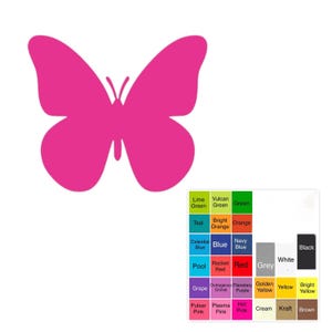 May include: A vibrant pink butterfly silhouette with detailed wing shapes. A color palette chart displays various color options, including green, blue, red, and yellow, alongside black and white.
