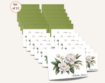 Personalized Magnolia Note Cards, A2 Folded Floral Stationery Set of 12 With Envelopes, Blank Inside Custom Name Thank You Cards