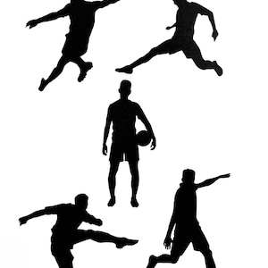 May include: Silhouettes of five soccer players in various poses, including kicking, running, and standing with a ball. The players are all wearing shorts and jerseys.