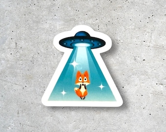 Fox Abduction Sticker: Funny Alien UFO Vinyl Decal