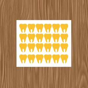 May include: A square stencil featuring a repeating grid pattern of twenty-four yellow tooth icons arranged in four rows of six. The stencil is presented as a flat graphic design element with a clean, white background and uniform tooth shapes.