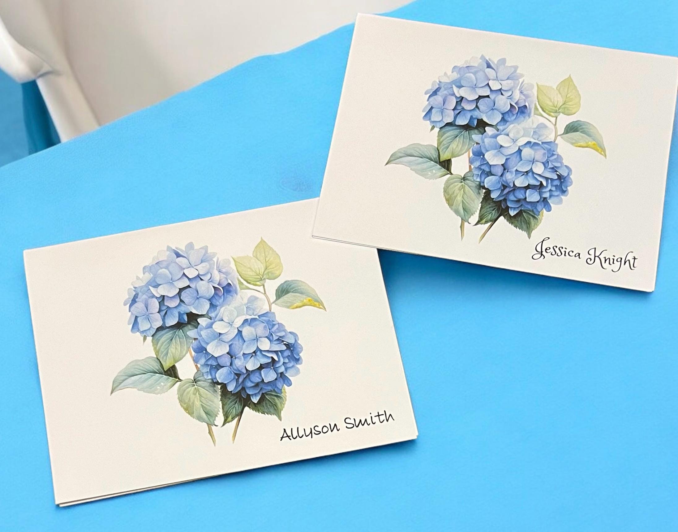 12 Personalized Blue Hydrangea Stationery Cards | Customized Folded ...