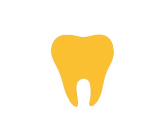 May include: A solid, flat, yellow graphic icon of a human tooth. The shape features a rounded top section with two distinct roots at the bottom, creating a symmetrical silhouette against a plain white background. The design is simple and bold.