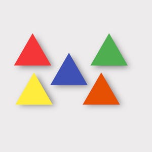 May include: Five colorful triangles in red, blue, green, yellow, and orange are arranged on a white background. Each triangle has a shadow, giving a 3D effect. The shapes are evenly spaced.
