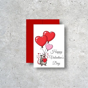 Possum Valentine Card A2 4.25x5.5 with Envelope – Cute Opossum Holding Heart Balloons, Happy Valentine’s Day Card, Blank Inside