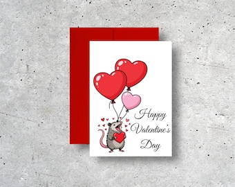 Possum Valentine Card A2 4.25x5.5 with Envelope – Cute Opossum Holding Heart Balloons, Happy Valentine’s Day Card, Blank Inside