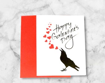 Happy Galentine’s Day A2 Card 4.25x5.5 with Envelope – Crow Silhouette with Hearts, Friendship Valentine’s Day Card