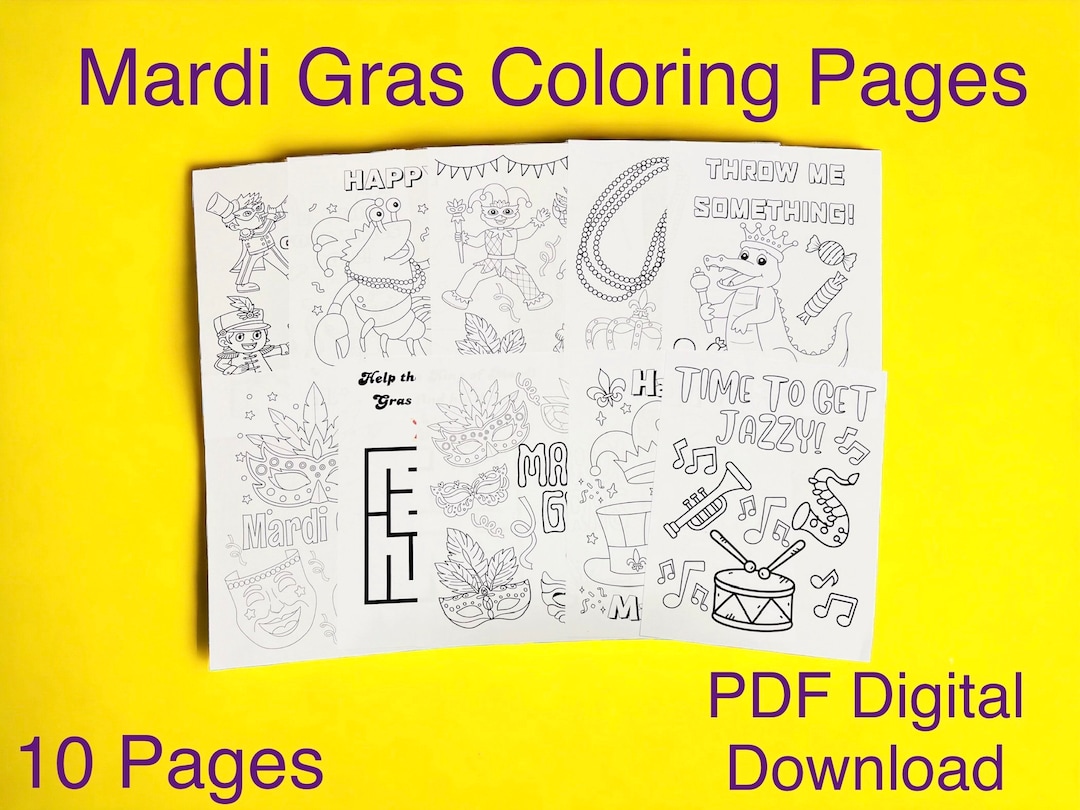 10 Printable Coloring Pages for Kids, Digital Mardi Gras Color Pages, PDF Printable, Instant Download, Kids Party Favors, Kids Activities