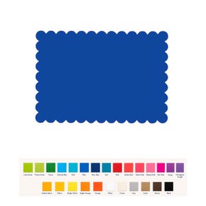 May include: A rectangular card with a scalloped edge in a solid blue color. Below the card is a color chart featuring twenty-four small squares in various shades, including lime green, blue, red, pink, orange, white, gray, brown, and black.