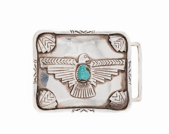 Turquoise Thunderbird Sterling Silver (.925) Hand Made Trophy Belt Buckle