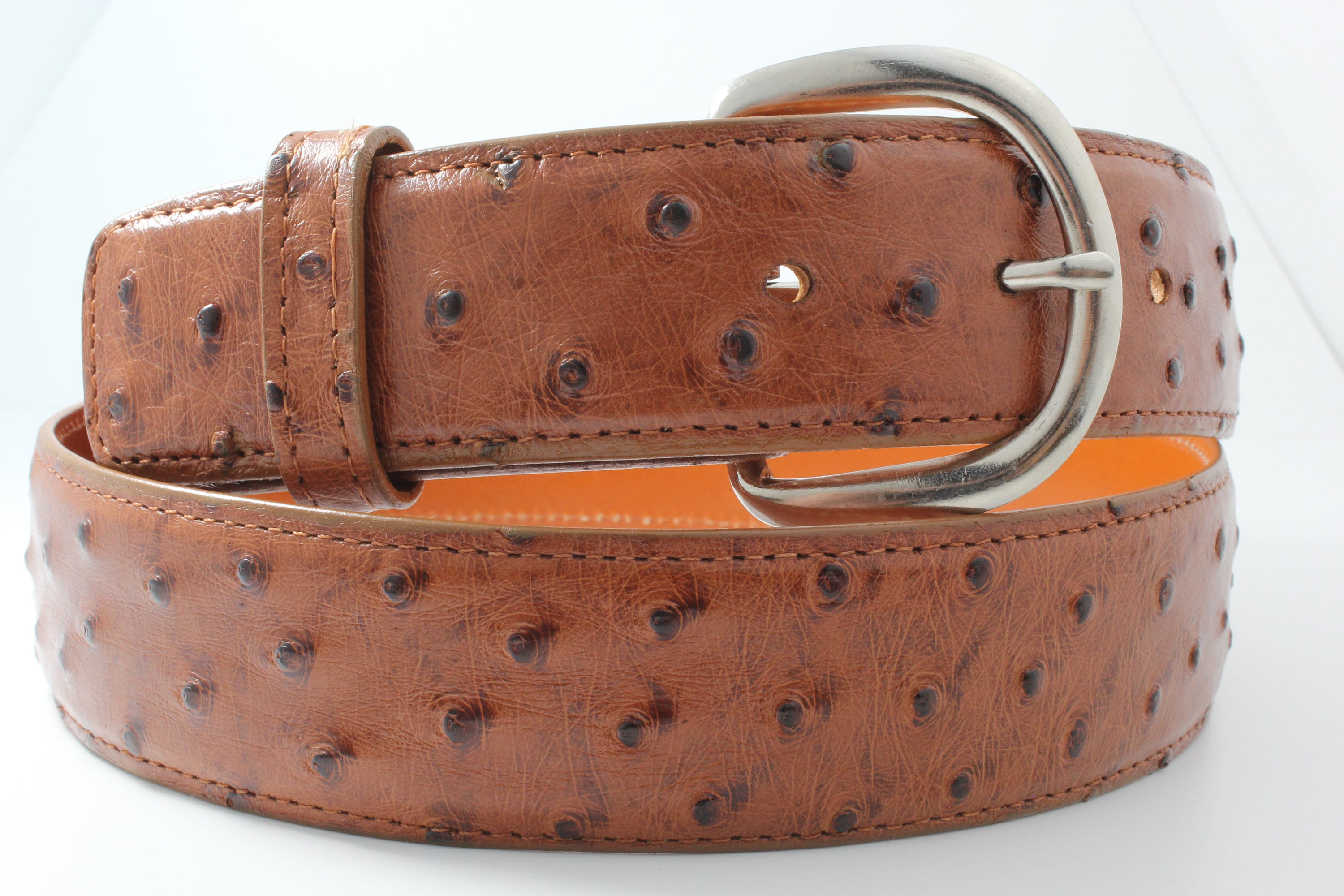 Genuine Full Quill Ostrich Cognac Leather Belt made in U.S.A 