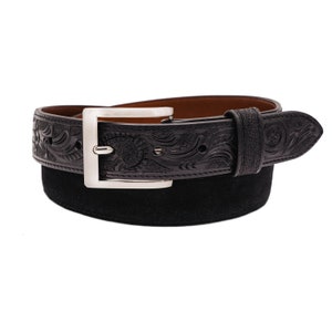 Hand tooled Black Italian Suede Leather Belt (Made in U.S.A)