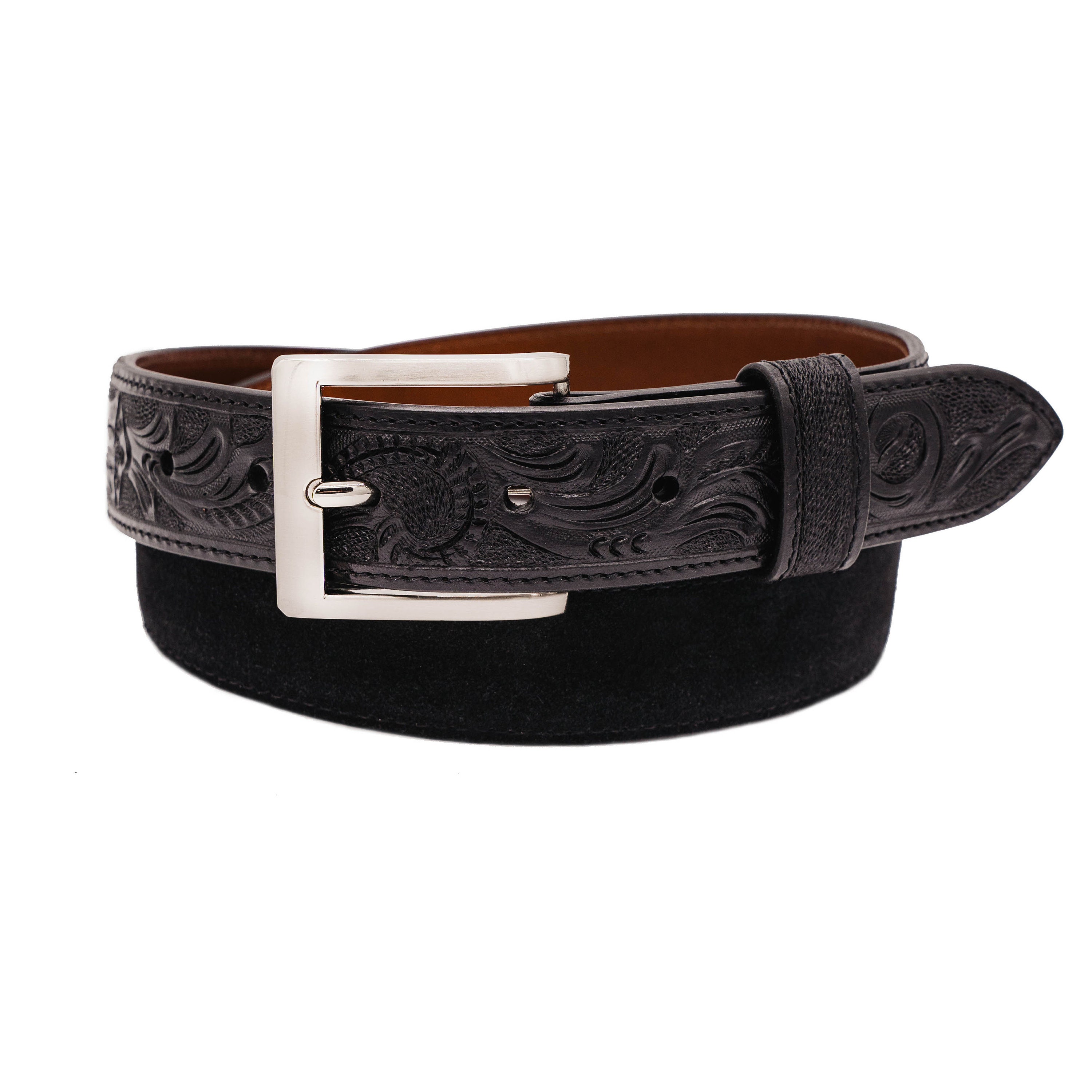 Hand Tooled Black Italian Suede Leather Belt (made in U.S.A  display picture 2