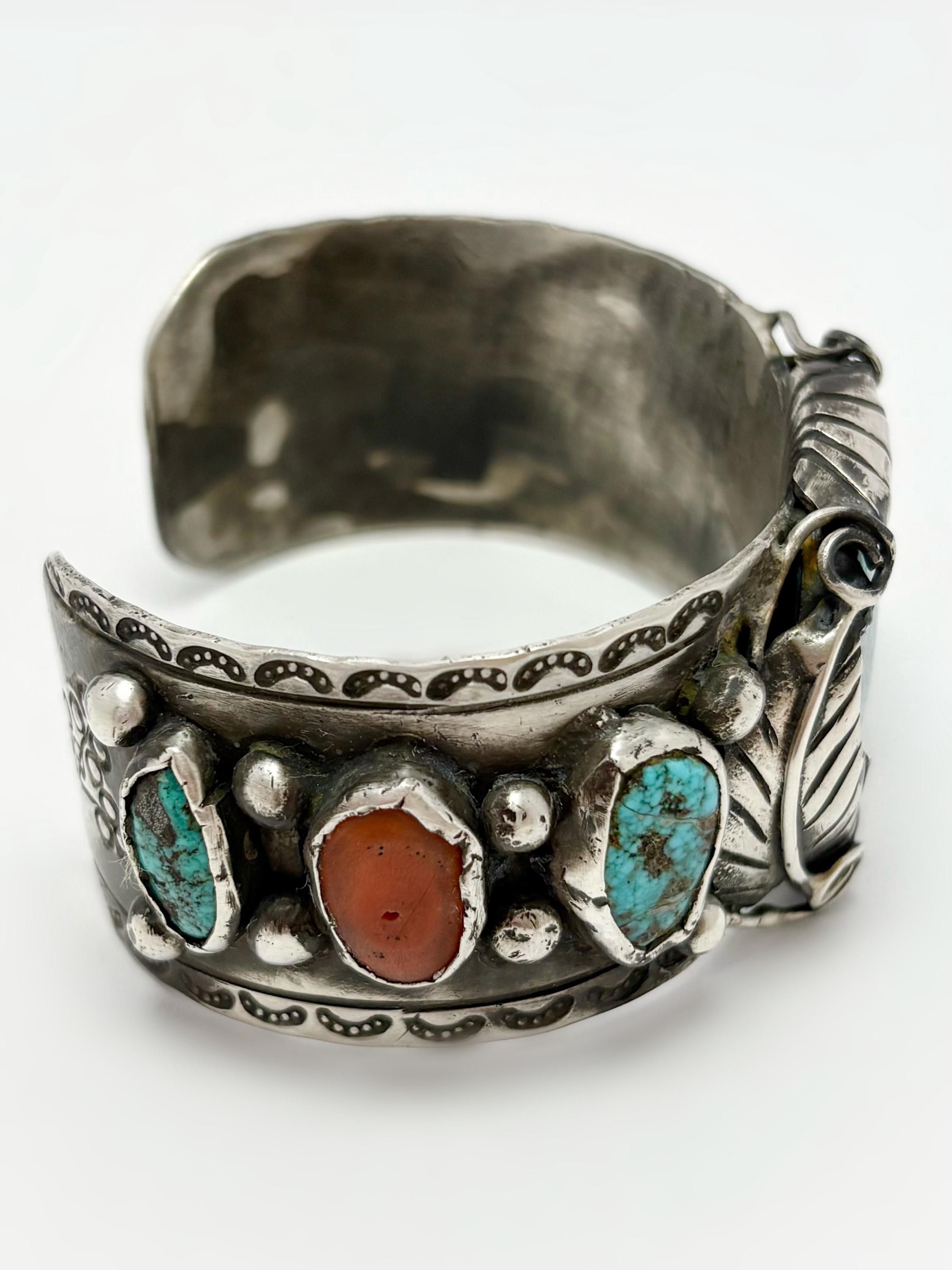 Vintage Navajo Cuff Bracelet With 5 Natural Turquoise & 2 Coral Stones ...