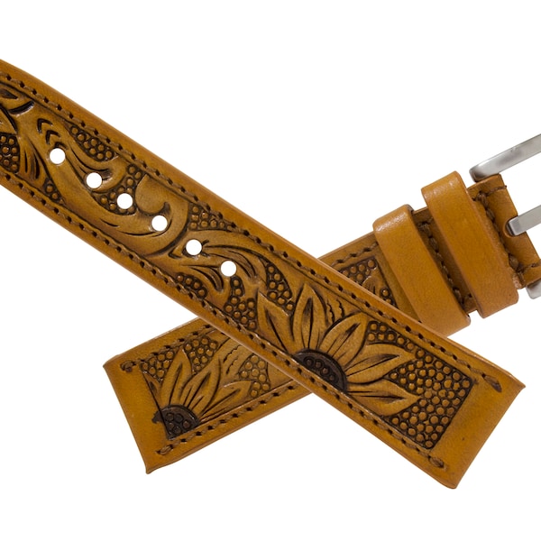 Tan Sunflower Hand Tooled Leather Watch Strap (Handmade in Texas USA) #HT05