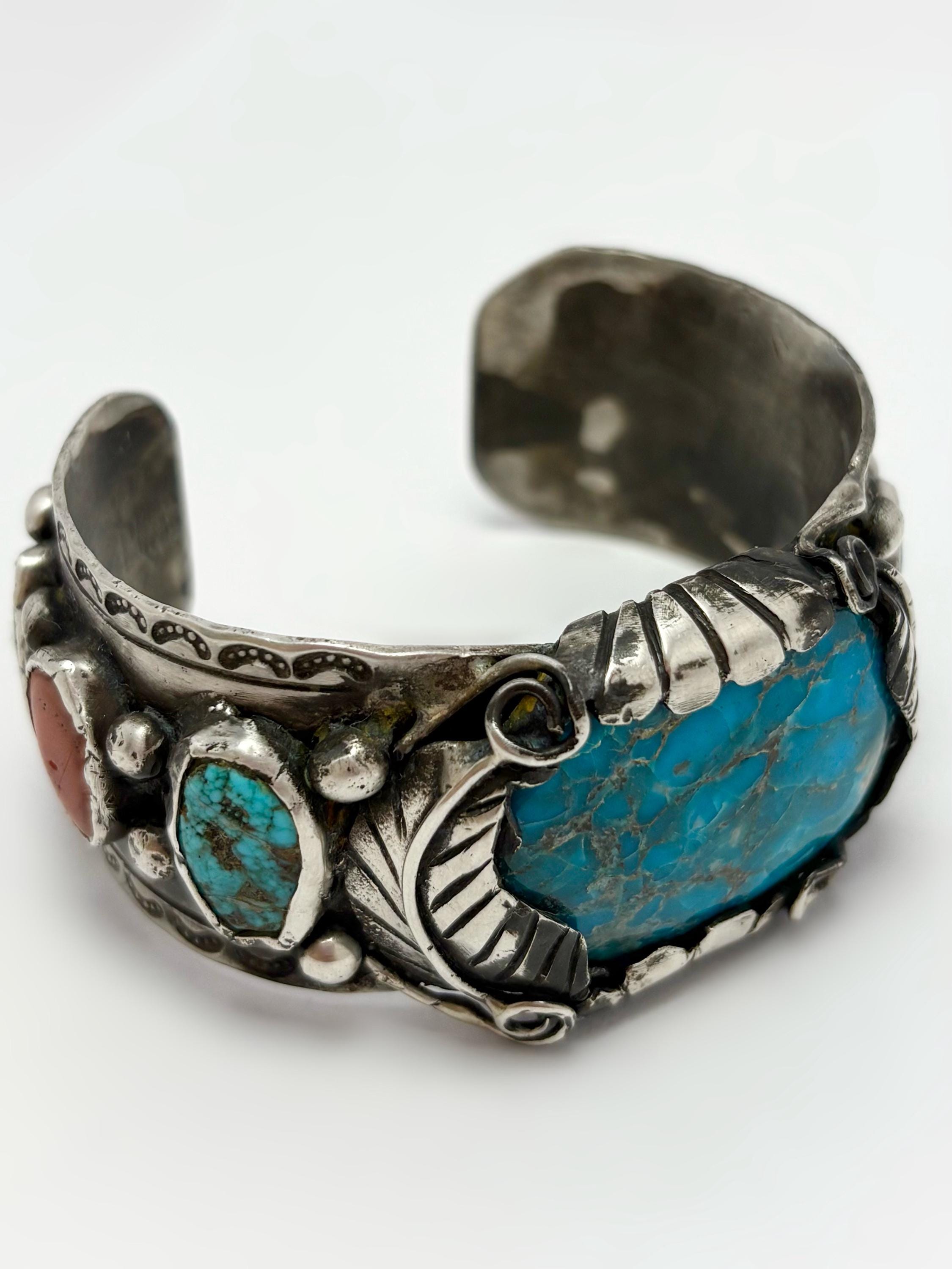Vintage Navajo Cuff Bracelet With 5 Natural Turquoise & 2 Coral Stones ...