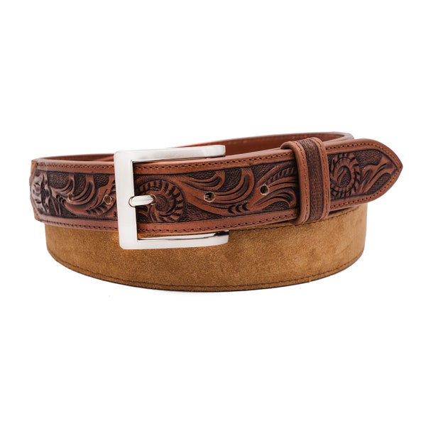 Hand tooled Caramel Italian Suede Leather Belt (Made in U.S.A)