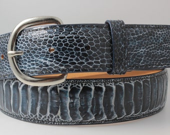 Handmade Genuine Blue Graphite Ostrich Leg Leather Belt (Made in U.S.A)