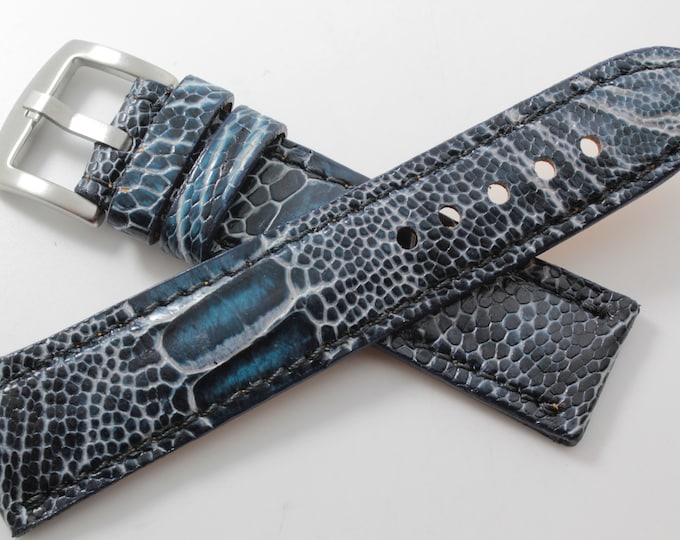 Genuine Handmade Blue Graphite Ostrich Leg Leather Watch Strap (Made in U.S.A)