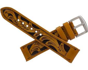 Tan Hand Tooled Leather Watch Strap (Handmade in Texas USA) #HT02