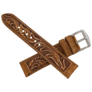 Rustic Cognac Hand Tooled Leather Watch Strap (Handmade in Texas USA) #HT09