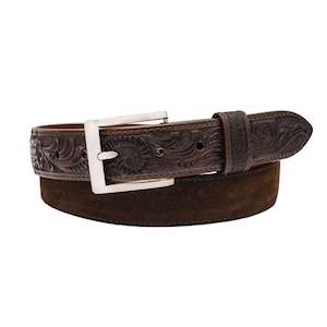 Hand tooled Brown Italian Suede Leather Belt (Made in U.S.A)