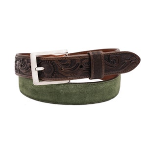 Hand tooled Green Italian Suede Leather Belt (Made in U.S.A)
