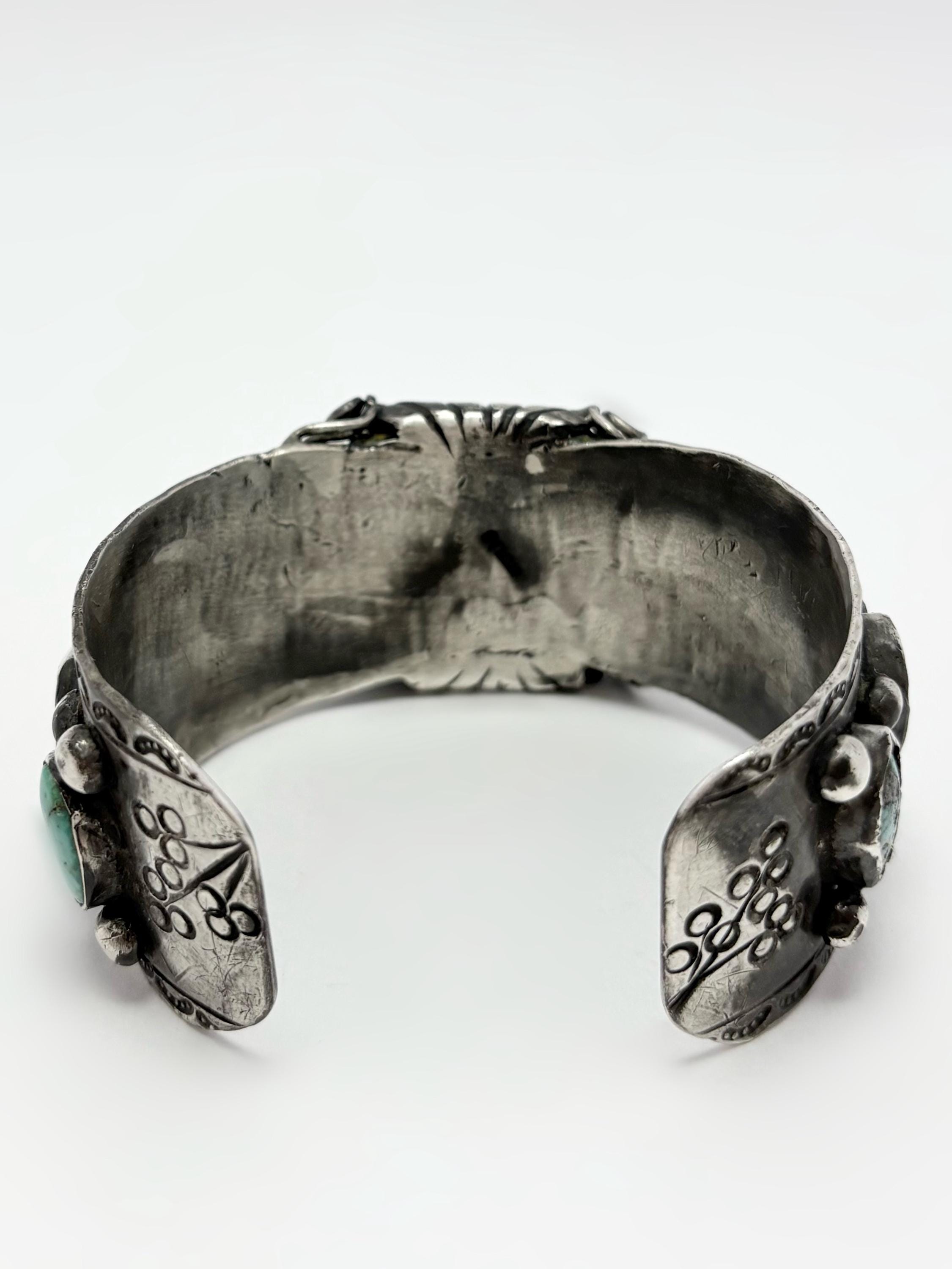 Vintage Navajo Cuff Bracelet With 5 Natural Turquoise & 2 Coral Stones ...