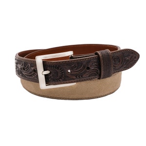 Hand tooled Cappuccino Italian Suede Leather Belt (Made in U.S.A)