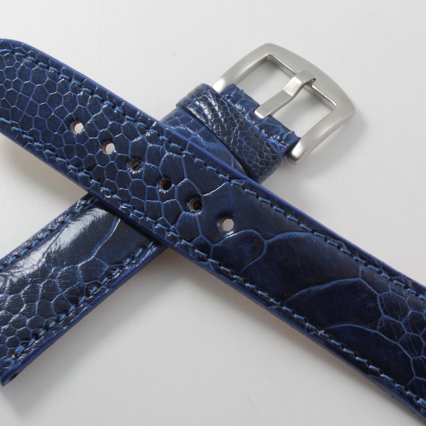 Genuine Handmade Sapphire Blue Ostrich Leg Leather Watch Strap (Made in U.S.A)