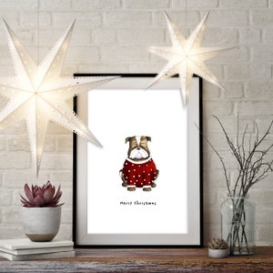Christmas Bulldog Print (Red), Hand Drawn Bulldog Art, Bulldog Themed Christmas Gift, Xmas Bulldog, Funny Dog Art Print, Christmas Dog Gift