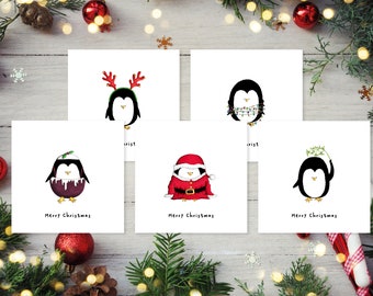 Assorted Christmas Penguin Multi Pack Cards, Funny Animal Christmas Cards, Christmas Card 5 Pack, Santa Mistletoe Reindeer Christmas Cards