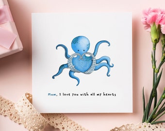 Carte de la fête des mères Octopus I Love You, cartes de fête des mères drôles, carte de jeu de mots drôle pour maman, carte d’amour Octopus pour maman, cartes mignonnes de la fête des mères