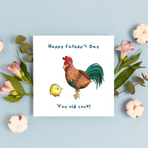 Carte de fête des pères drôle de coq, carte grossière pour papa, carte de fête des pères dessinée à la main, carte de voeux drôle de jeu de mots, carte sur le thème des animaux pour papa