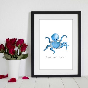 Octopus 'I love you with all my hearts' Print, Romantic Gift, Gift For Him, Gift For Her, Digital Art, Cartoon, Funny Art