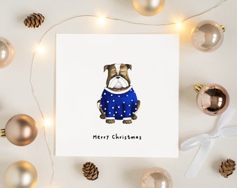 Blue Christmas Bulldog Card, Merry Christmas Bulldog Dog Themed Christmas Card, Animal Christmas Cards, Funny Dog Christmas Greeting Cards