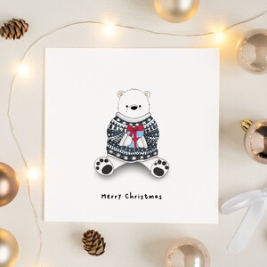 Cartolina di Natale con orso polare disegnato a mano, cartoline di Natale con animali carini UK Lui Lei, cartolina d'auguri di Natale vuota, cartolina d'auguri di buon Natale