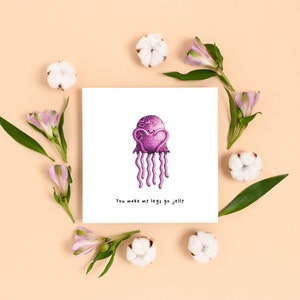 Handgetekende kwallen liefdeskaart, grappige Valentijnsdag kaart voor vriend vriendin, leuke verjaardagskaart voor hem haar, ik hou van jou kaart
