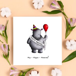 Tarjeta de celebración de hipopótamo, tarjeta de cumpleaños divertida, tarjeta de cumpleaños de animal para él o ella, tarjetas de felicitación para él o ella, tarjeta dibujada a mano con forma de hipopótamo