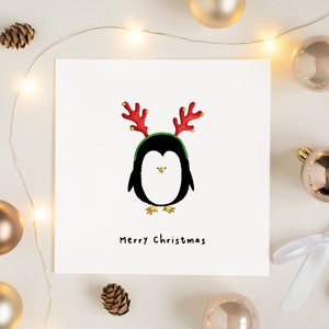 Biglietto di Natale con renna e pinguino, divertenti biglietti di Natale con animali per lui e lei, biglietto di auguri di Natale con pinguino, divertenti biglietti di Natale disegnati a mano nel Regno Unito