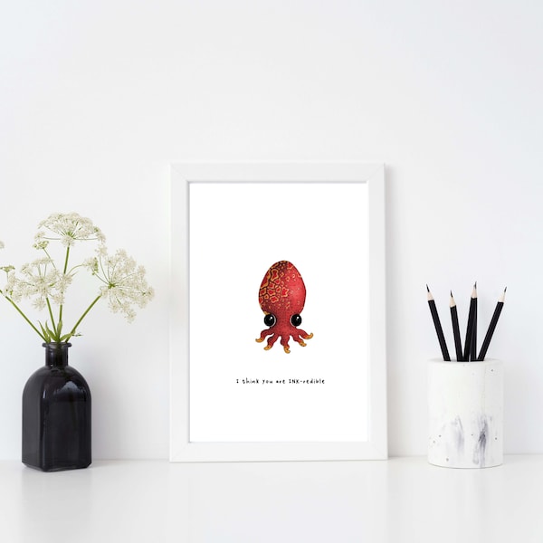 A4 Hand Drawn Squid Love Print, Anniversary Gift for Boyfriend or Girlfriend, Cute Gift for Him Her, Funny Cute Wall Print for Couple